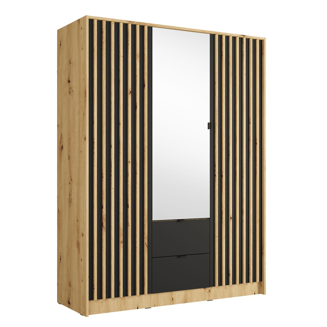 Armoire TORVIK 3 portes avec miroir, tiroirs et tasseaux noir et chêne 150 cm