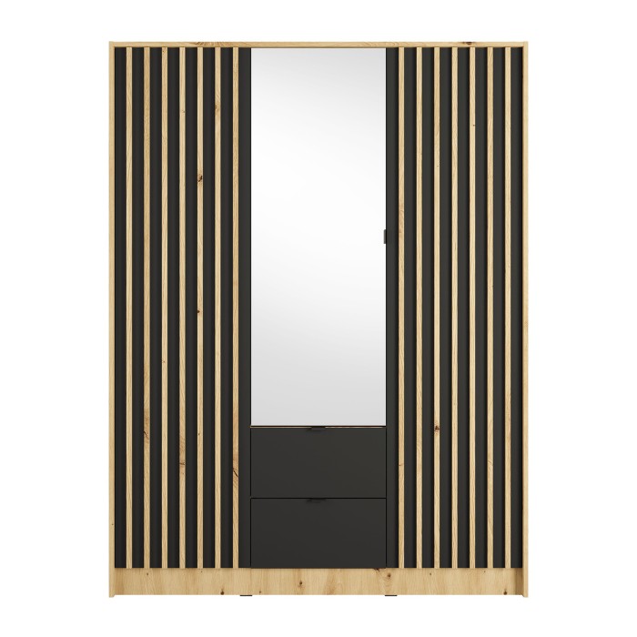 Schrank TORVIK mit 3 Türen, Spiegel, Schubladen und schwarzen sowie Eichenleisten, 150 cm