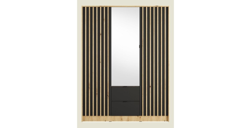 Armoire TORVIK 3 portes avec miroir, tiroirs et tasseaux noir et chêne 150 cm