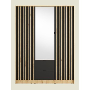 Armoire TORVIK 3 portes avec miroir, tiroirs et tasseaux noir et chêne 150 cm