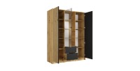 Armoire TORVIK 3 portes avec miroir, tiroirs et tasseaux noir et chêne 150 cm