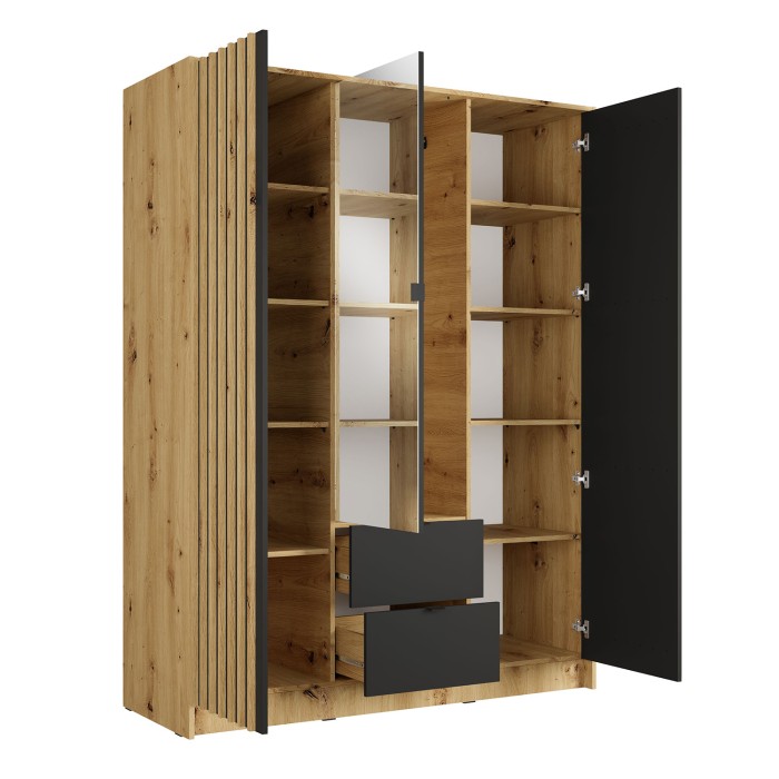 Schrank TORVIK mit 3 Türen, Spiegel, Schubladen und schwarzen sowie Eichenleisten, 150 cm