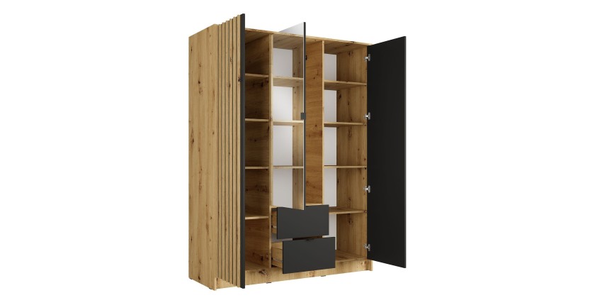 Armoire TORVIK 3 portes avec miroir, tiroirs et tasseaux noir et chêne 150 cm