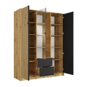 Armoire TORVIK 3 portes avec miroir, tiroirs et tasseaux noir et chêne 150 cm