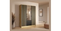 Armoire TORVIK 3 portes avec miroir, tiroirs et tasseaux noir et chêne 150 cm
