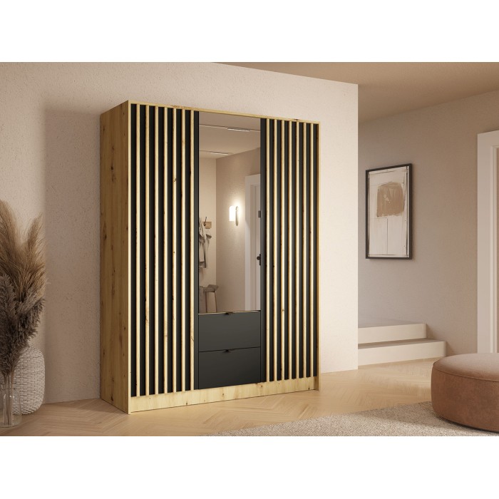 Schrank TORVIK mit 3 Türen, Spiegel, Schubladen und schwarzen sowie Eichenleisten, 150 cm
