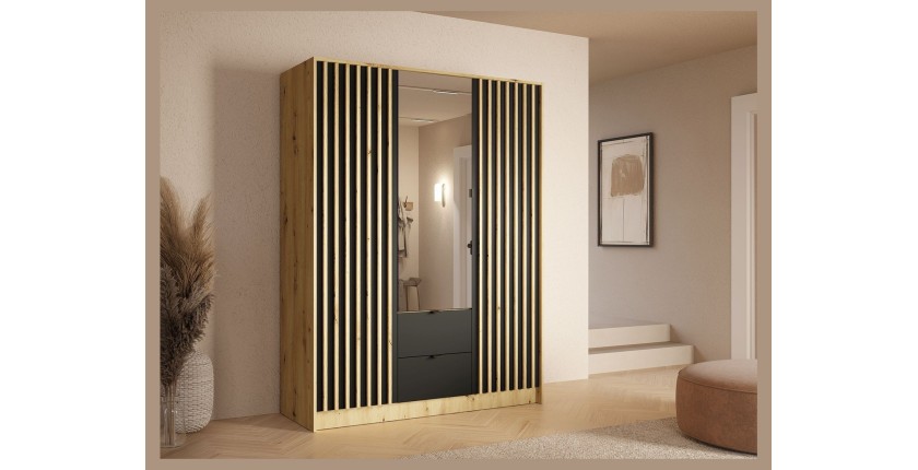 Armoire TORVIK 3 portes avec miroir, tiroirs et tasseaux noir et chêne 150 cm
