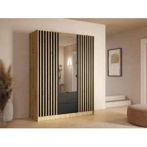 Armoire TORVIK 3 portes avec miroir, tiroirs et tasseaux noir et chêne 150 cm