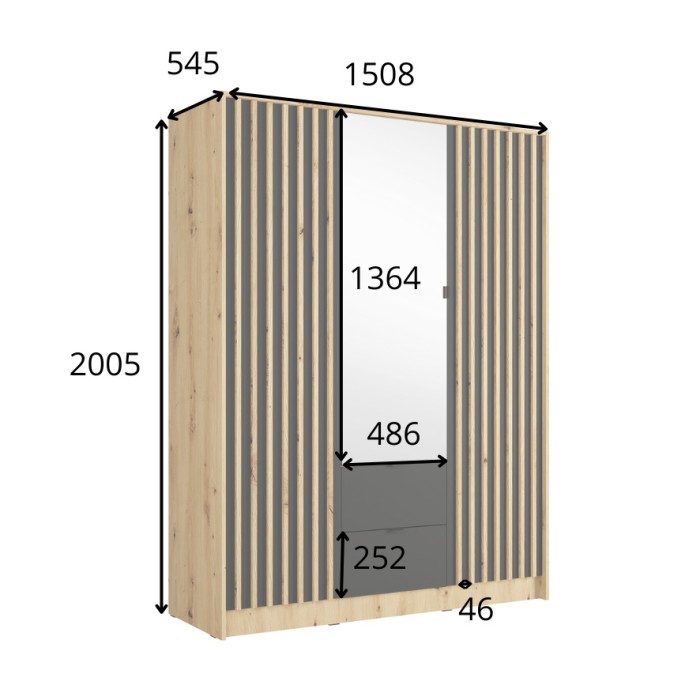Schrank TORVIK mit 3 Türen, Spiegel, Schubladen und schwarzen sowie Eichenleisten, 150 cm
