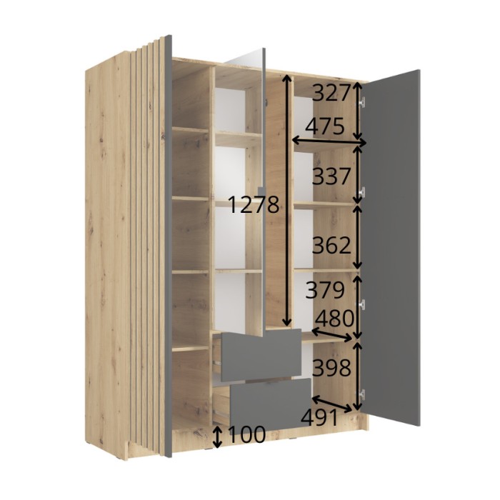 Schrank TORVIK mit 3 Türen, Spiegel, Schubladen und schwarzen sowie Eichenleisten, 150 cm