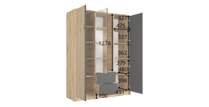 Armoire TORVIK 3 portes avec miroir, tiroirs et tasseaux noir et chêne 150 cm