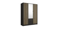 Armoire TORVIK 3 portes avec miroir, tiroirs et tasseaux noir et chêne 150 cm