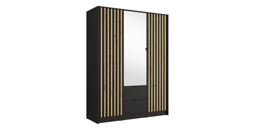 Armoire TORVIK 3 portes avec miroir, tiroirs et tasseaux noir et chêne 150 cm