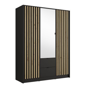 Armoire TORVIK 3 portes avec miroir, tiroirs et tasseaux noir et chêne 150 cm