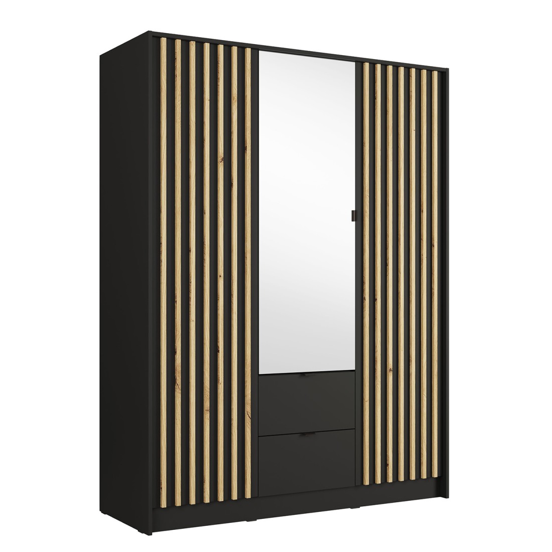 Armoire TORVIK 3 portes avec miroir, tiroirs et tasseaux noir et chêne 150 cm