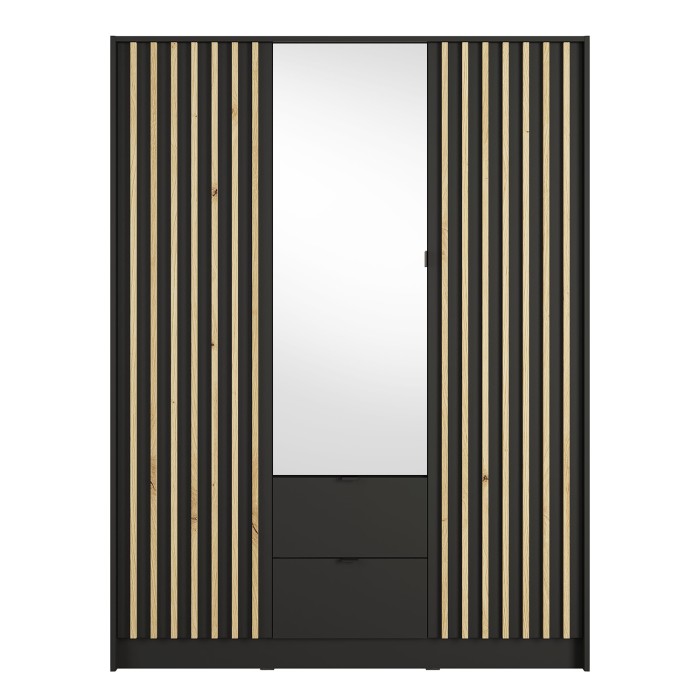 Schrank TORVIK 3 Türen mit Spiegel, Schubladen und Leisten schwarz und Eiche 150 cm