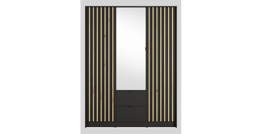 Armoire TORVIK 3 portes avec miroir, tiroirs et tasseaux noir et chêne 150 cm