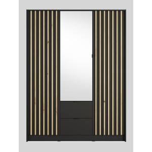 Armoire TORVIK 3 portes avec miroir, tiroirs et tasseaux noir et chêne 150 cm