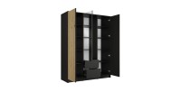 Armoire TORVIK 3 portes avec miroir, tiroirs et tasseaux noir et chêne 150 cm