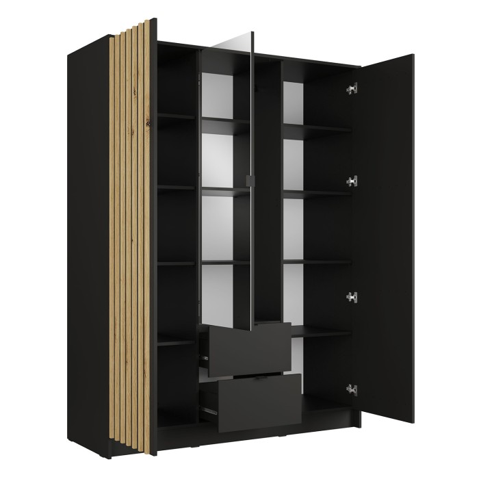 Schrank TORVIK 3 Türen mit Spiegel, Schubladen und Leisten schwarz und Eiche 150 cm