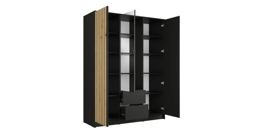 Armoire TORVIK 3 portes avec miroir, tiroirs et tasseaux noir et chêne 150 cm