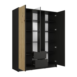 Armoire TORVIK 3 portes avec miroir, tiroirs et tasseaux noir et chêne 150 cm