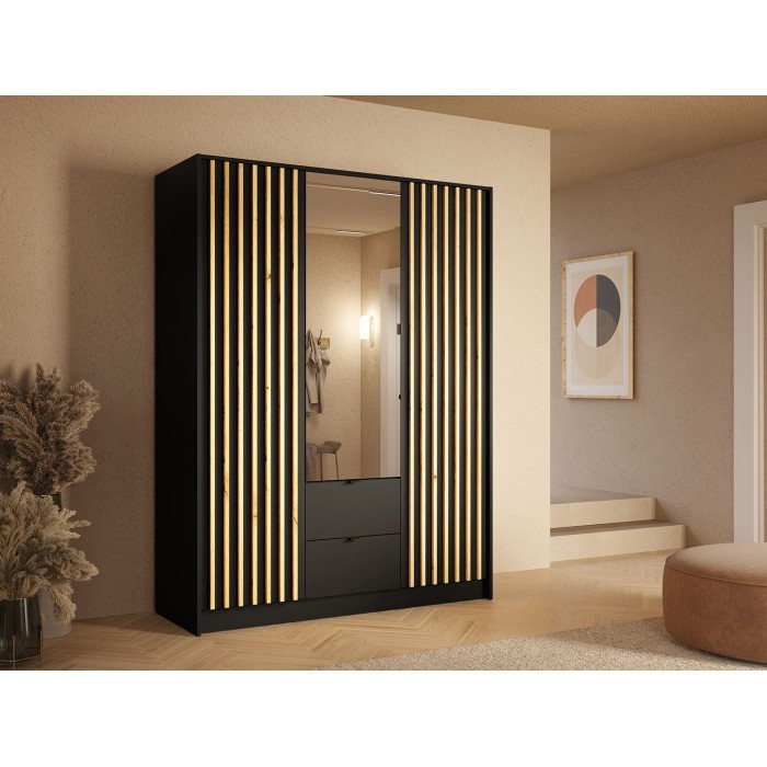 Schrank TORVIK 3 Türen mit Spiegel, Schubladen und Leisten schwarz und Eiche 150 cm