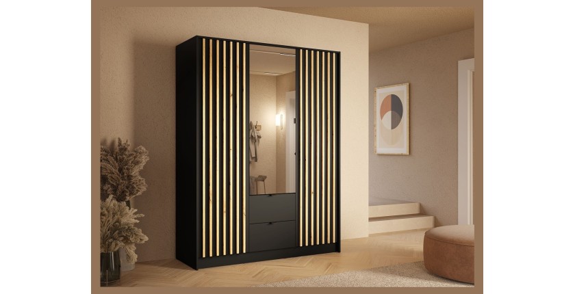 Armoire TORVIK 3 portes avec miroir, tiroirs et tasseaux noir et chêne 150 cm