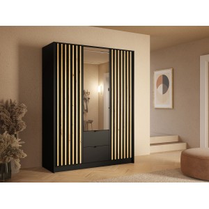 Armoire TORVIK 3 portes avec miroir, tiroirs et tasseaux noir et chêne 150 cm