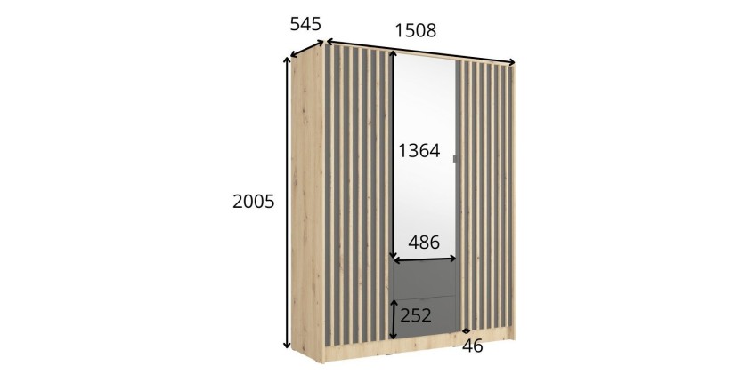 Armoire TORVIK 3 portes avec miroir, tiroirs et tasseaux noir et chêne 150 cm