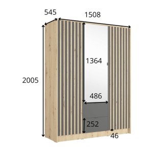 Armoire TORVIK 3 portes avec miroir, tiroirs et tasseaux noir et chêne 150 cm