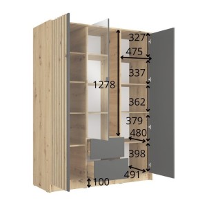 Armoire TORVIK 3 portes avec miroir, tiroirs et tasseaux noir et chêne 150 cm