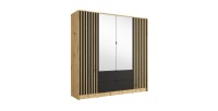 Armoire TORVIK 4 portes avec miroirs, tiroirs et tasseaux chêne et noir 200 cm