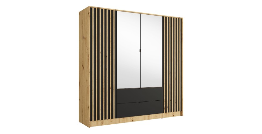 Armoire TORVIK 4 portes avec miroirs, tiroirs et tasseaux chêne et noir 200 cm
