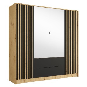 Armoire TORVIK 4 portes avec miroirs, tiroirs et tasseaux chêne et noir 200 cm