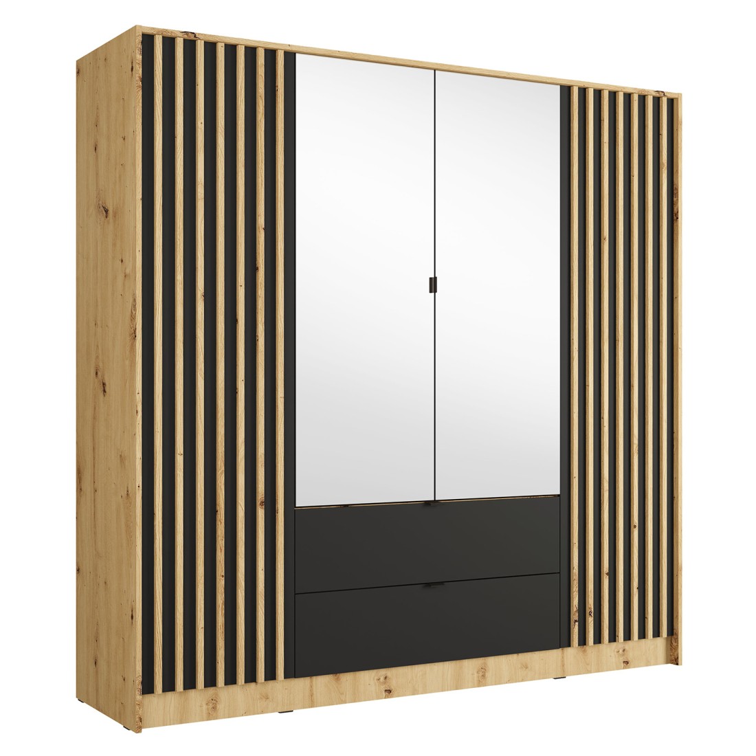 Armoire TORVIK 4 portes avec miroirs, tiroirs et tasseaux chêne et noir 200 cm