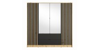 Armoire TORVIK 4 portes avec miroirs, tiroirs et tasseaux chêne et noir 200 cm