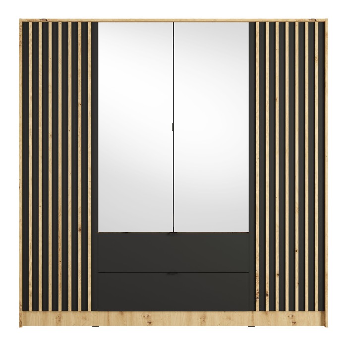 Schrank TORVIK 4 Türen mit Spiegeln, Schubladen und Leisten Eiche und Schwarz 200 cm