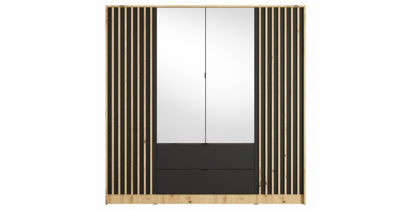 Armoire TORVIK 4 portes avec miroirs, tiroirs et tasseaux chêne et noir 200 cm