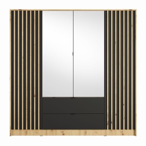 Armoire TORVIK 4 portes avec miroirs, tiroirs et tasseaux chêne et noir 200 cm