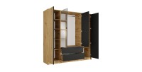Armoire TORVIK 4 portes avec miroirs, tiroirs et tasseaux chêne et noir 200 cm