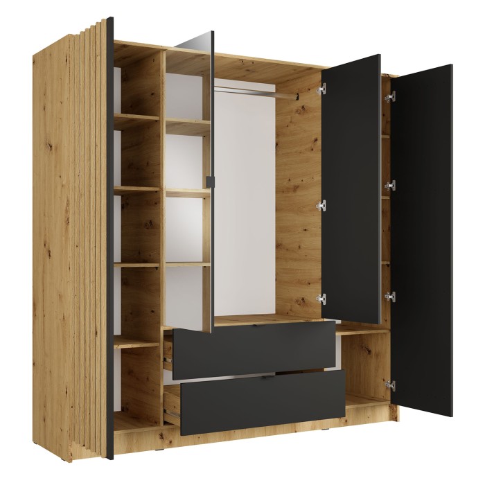Schrank TORVIK 4 Türen mit Spiegeln, Schubladen und Leisten Eiche und Schwarz 200 cm