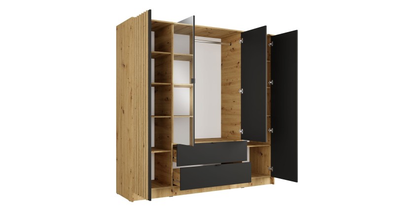 Armoire TORVIK 4 portes avec miroirs, tiroirs et tasseaux chêne et noir 200 cm