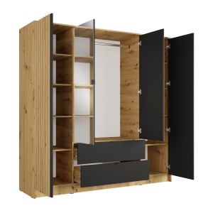 Armoire TORVIK 4 portes avec miroirs, tiroirs et tasseaux chêne et noir 200 cm