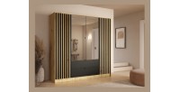 Armoire TORVIK 4 portes avec miroirs, tiroirs et tasseaux chêne et noir 200 cm