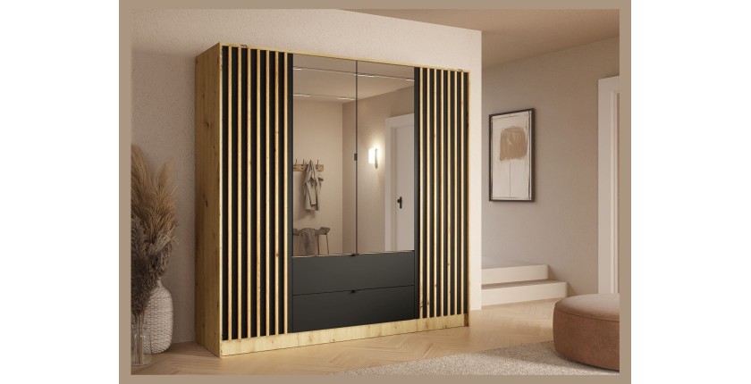 Armoire TORVIK 4 portes avec miroirs, tiroirs et tasseaux chêne et noir 200 cm
