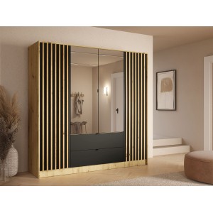 Armoire TORVIK 4 portes avec miroirs, tiroirs et tasseaux chêne et noir 200 cm