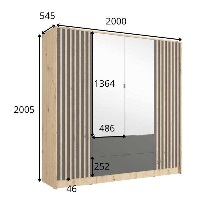 Schrank TORVIK 4 Türen mit Spiegeln, Schubladen und Leisten Eiche und Schwarz 200 cm