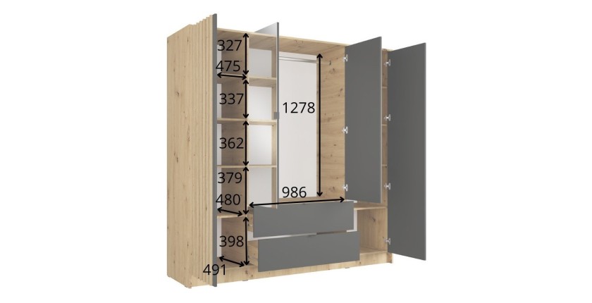 Armoire TORVIK 4 portes avec miroirs, tiroirs et tasseaux chêne et noir 200 cm