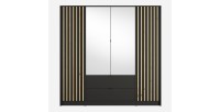 Armoire TORVIK 4 portes avec miroirs, tiroirs et tasseaux noir et chêne 200 cm